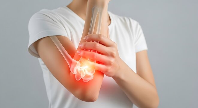 Severe elbow joint pain and musculoskeletal disorder. Physical rehabilitation and recovery solutions. Woman in a white tshirt holding her arm with an anatomical bone injury overlay