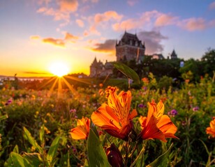 A vibrant sunset casts a golden glow over a historic building and a field of flowers