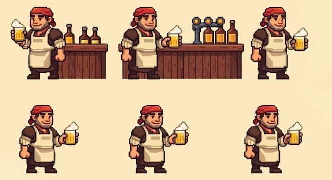 Cartoon bartender character sprite sheet with different poses and actions.