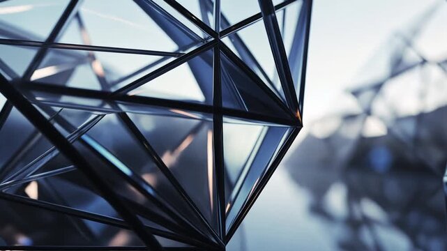 A futuristic cityscape features sleek metallic polyhedral structures in sharp focus.