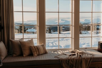 Cozy indoor scene with window seat overlooking snowy mountains cushions throw blanket
