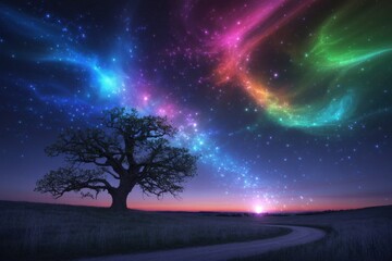 Colorful galaxy with stars and tree beside road