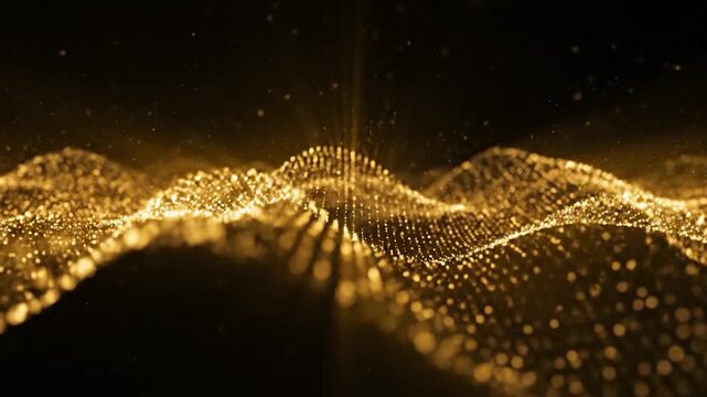 Golden particles forming a wavy pattern on a dark background.