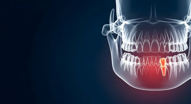 Dental anatomy and single tooth pain visualization. Oral healthcare and endodontic treatment. 3D transparent human jaw model with a glowing orange infected lower incisor tooth
