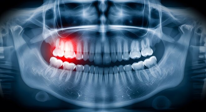 Panoramic dental xray of upper jaw molar pain. Dentistry diagnostics and root canal treatment. Medical radiograph showing red glowing inflammation on a right side upper molar tooth