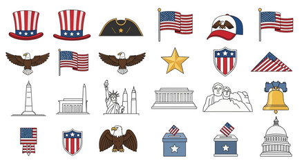 A collection of patriotic icons including flags, hats, monuments, and symbols arranged on a white background in a flat vector illustration style with a mix of colors and gray tones. © Ganbate