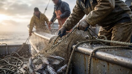 Fishermen in waterproof gear pull a net filled with fish aboard a fishing boat, with splashes of water and a cloudy sky in the background