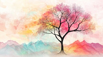 Obraz premium Beautiful Watercolor Tree with Pink Leaves and Dreamy Mountain Landscape