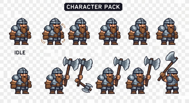 Pixel Art Viking Warrior Character Pack with Various Poses and Actions.