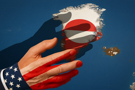 Shadow of Power: U.S. Flag-Painted Hand Reaches for Greenland