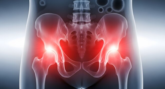 Severe bilateral hip joint pain and skeletal inflammation. Orthopedic medicine and bursitis treatment. Human 3D skeleton with bright red glowing points on painful hip bone areas