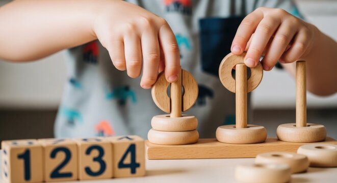 Child's Hands Playing with Wooden Number Blocks 1234 and Stacking Rings Toy, Learning Math