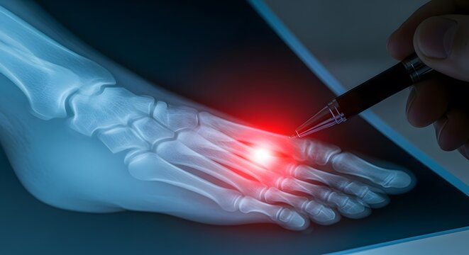Metatarsal foot injury and bone fracture diagnosis. Podiatry health and orthopedic examination. Doctor pointing at inflamed foot joints on a digital radiographic scan