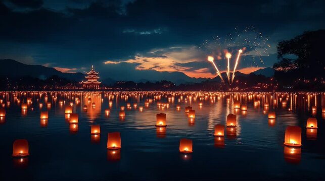 Floating lanterns illuminating tranquil water during dusk creating a beautiful scene warm orange and yellow colors peaceful atmosphere reflection of lights