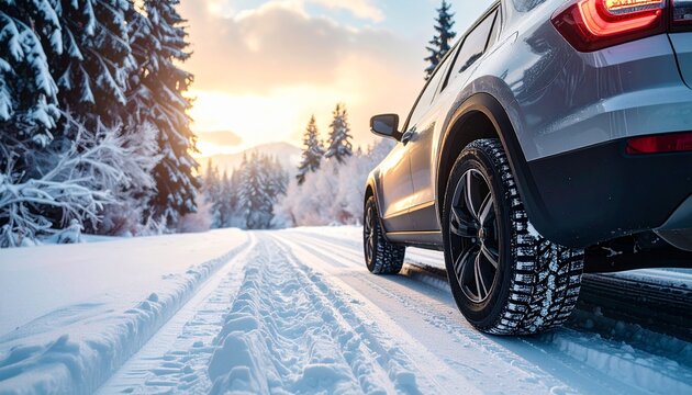 A silver SUV driving on a snowy road surrounded by snow-covered trees during a serene winter sunset