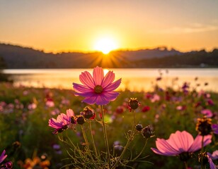 A vibrant sunset casts a golden glow over a serene lake, illuminating a field of delicate, pink flowers in full bloom