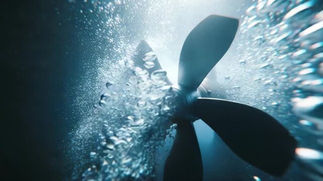 Underwater closeup of a boat propeller with bubbles rising to the surface in the ocean
