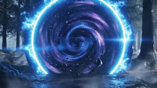 Mysterious glowing portal vortex in a dark foggy forest