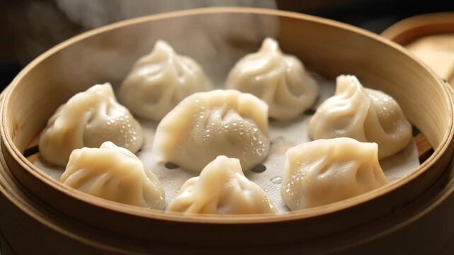 Steaming Dim Sum Dumplings in Bamboo Steamer.
