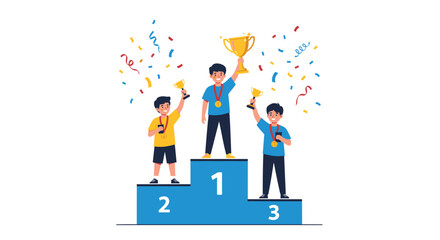 Three young boys celebrate their victory standing on a first, second, and third place podium with trophies and confetti.