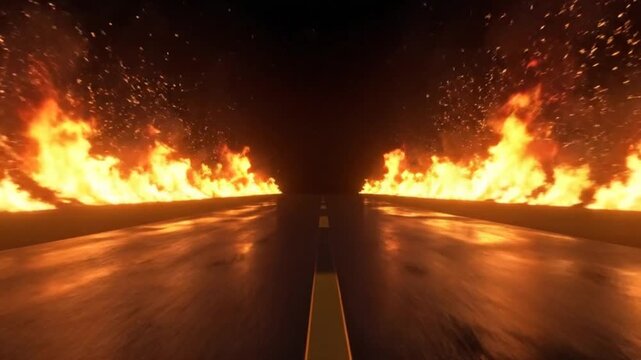 Dramatic scene of a road engulfed in flames, symbolizing danger and destruction.