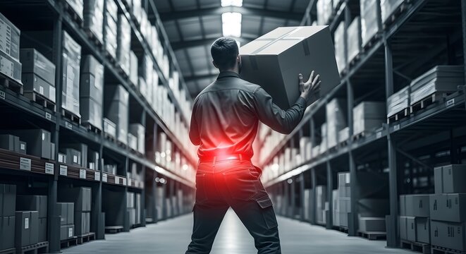 Warehouse occupational injury and lifting strain. Logistics safety and ergonomics. Worker carrying a large box and feeling a sharp pain in the lower spine between storage racks