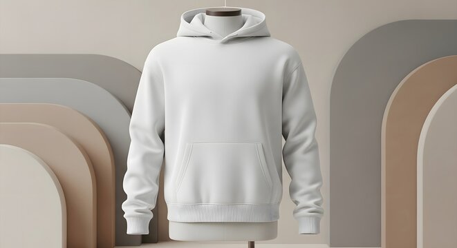 Ultra-realistic mockup of a plain white hoodie displayed in a modern minimalist studio with soft natural lighting, clean composition, and premium apparel branding atmosphere in 4K resolution.
