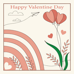 Happy Valentine's Day Illustration with Heart Balloons and Rainbow