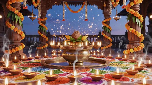 Warm, detailed gudi padwa rangoli and diyas illuminate a golden kalash in a traditional temple setting.