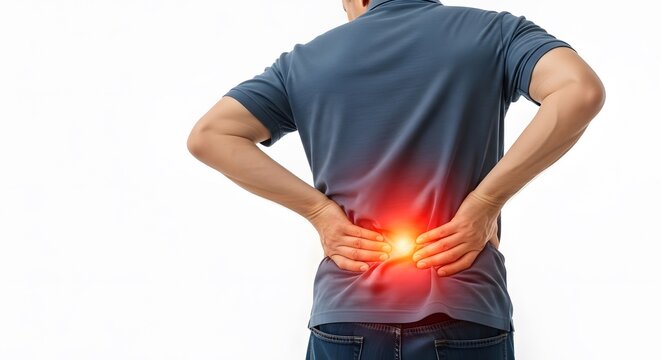 Chronic backache and vertebral disc injury. Rehabilitation and wellness care. Male patient clutching his lower back in pain against white background