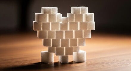 White sugar cube heart shape on wooden table with warm bokeh background, close up still life