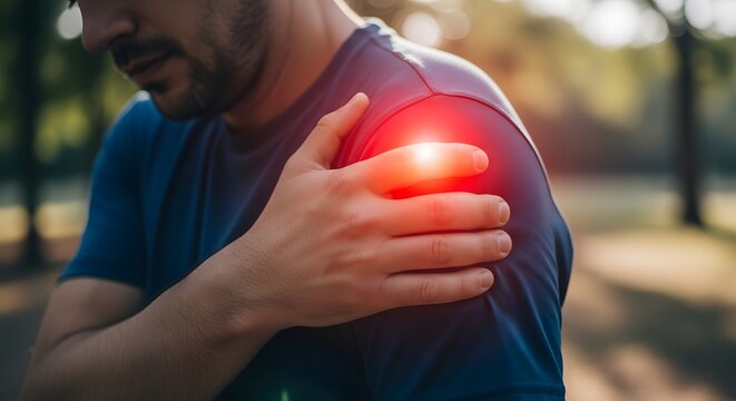 Rotator cuff tear and deltoid muscle pain. Orthopedic surgery and healing. Man holding his shoulder in agony with bright red pain spot in park