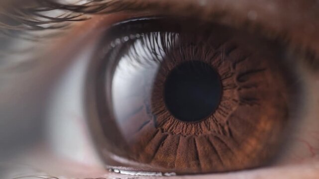 Extreme close-up of a human eye with a brown iris and dark pupil, showing intricate details and reflections.