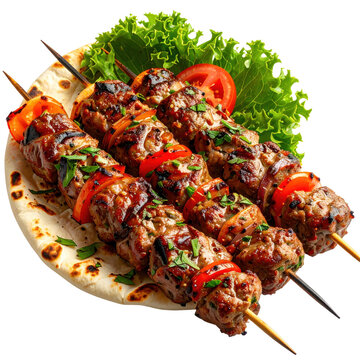Juicy persian barg kebab with a side of chelo rice and grilled tomato, neatly isolated on white background, ideal for food blogs