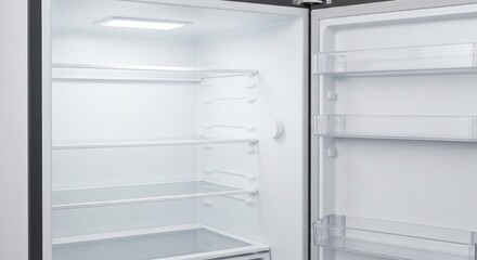 Fototapeta premium An empty, open refrigerator reveals interior shelves, a light, and a pristine, clean design
