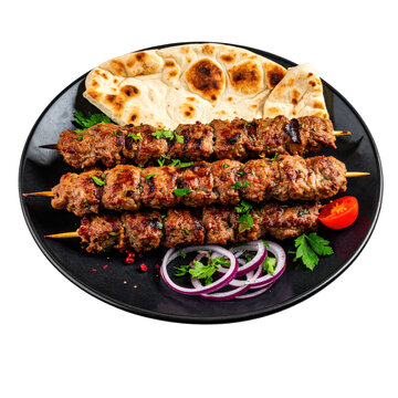 A complete chelo kebab soltani platter with succulent barg and flavorful koobideh kebabs and rice, isolated on a white background