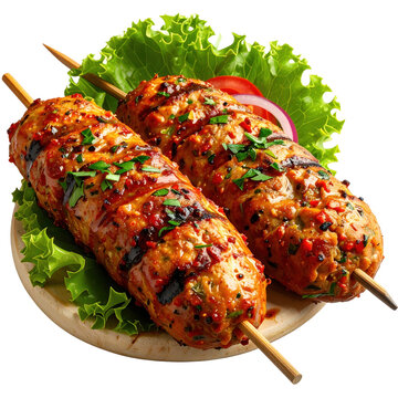 Delicious chelo kebab koobideh, a classic persian meal of minced meat kebabs and aromatic saffron rice, isolated on a pure white background