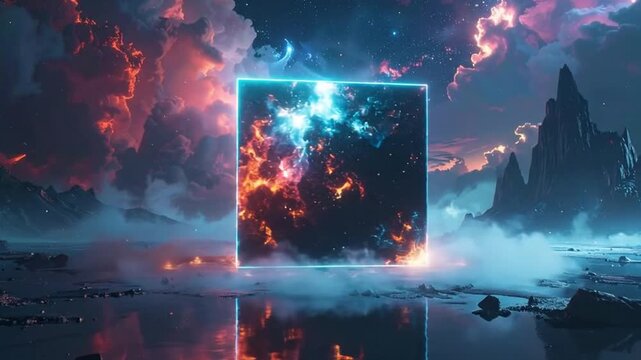Mystical cube floating above a reflective surface, surrounded by dramatic clouds and mountains.