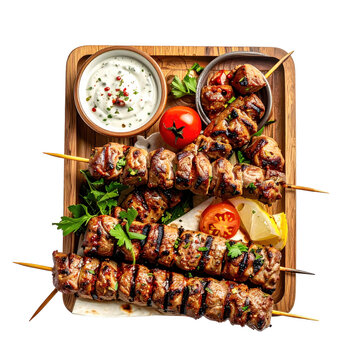 Delicious chelo kebab barg, consisting of tender beef kabab and fluffy saffron rice, perfectly isolated on white background for culinary marketing