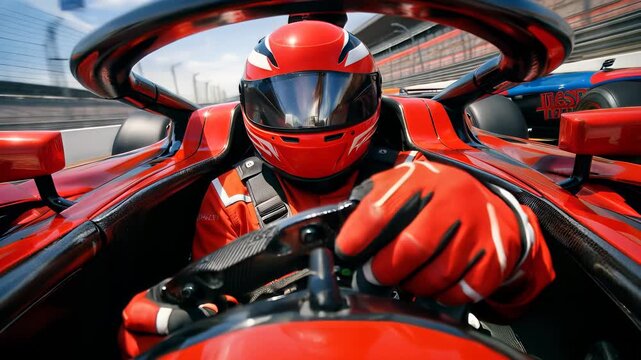 A professional race car driver wearing a helmet, focused and determined while driving at high speed on a racetrack. The concept of motorsport, concentration, precision, adrenaline.
