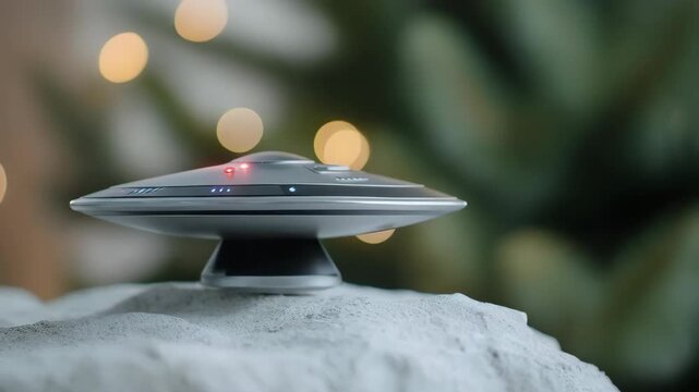 Unidentified flying object hovering over rock in forest at night. Glowing saucer with red lights activating in blurred green background. Sci-fi alien craft appearance concept