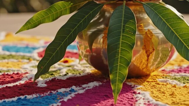 A vibrant close-up of a festive kalash decorated with mango leaves resting on colorful rangoli outdoors for gudi padwa.