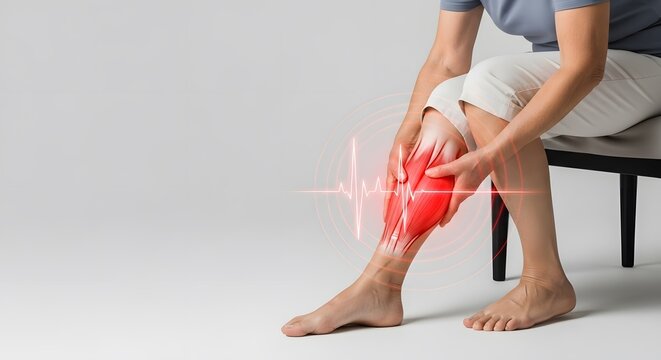 Close up of calf muscle pain and leg cramp. Sports injury and vascular health problems. Person sitting and massaging sore lower leg with red signal visualization