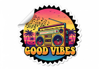 Vibrant retro boombox sticker with Good Vibes text and musical notes set against a sunset background with palm trees perfect for summer music and nostalgic designs