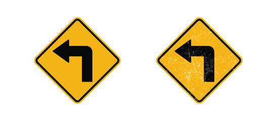 left turn traffic road sign clean and grunge version yellow warning symbol © VectorVista