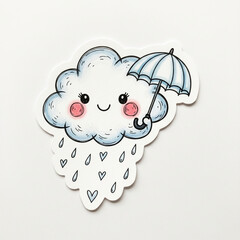 Cute cartoon cloud character holding an umbrella with heart raindrops a whimsical hand-drawn illustration perfect for childrens designs and weather concepts
