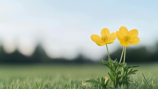 Yellow flowers swaying gently in grassy field. Slow motion bloom in natural breeze. Outdoor nature scene for spring relaxation and environmental appreciation