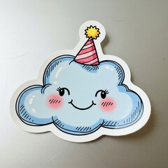 Adorable cartoon cloud character wearing a festive party hat featuring a happy smiling face and rosy cheeks perfect for childrens parties and whimsical designs