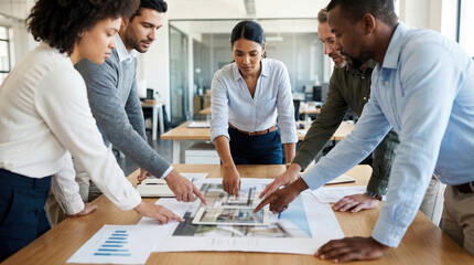 business meeting team collaboration office planning diverse professionals working together on architectural blueprints and creative project development in a modern workspace.