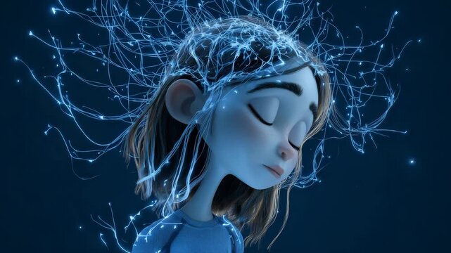 A young girl with glowing blue neural connections emanating from her head in a dark space